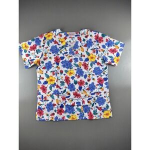 Fashion Scrubs Women's V Neck Scrub Top Small Floral Print White Background